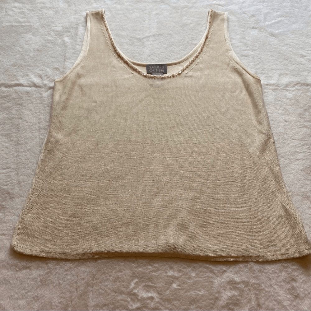Sigrid Olsen Petite S Silk Rayon Knit Tank Top Beaded Sequin Cream Y2K